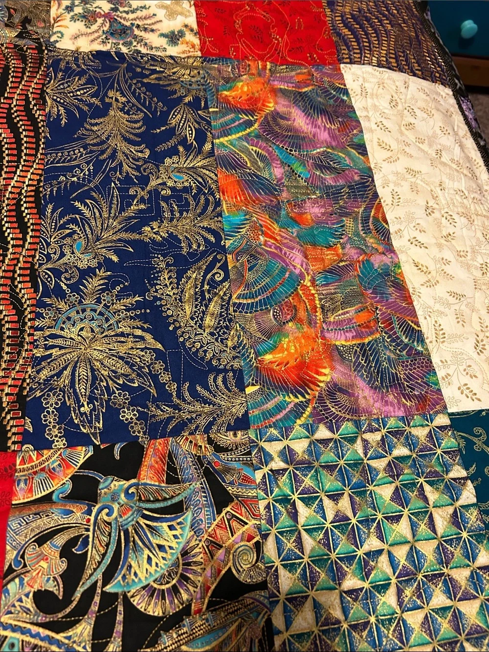 ONE OF A KIND- HANDCRAFTED Quilt W/Pharaoh Stiches, Multicolor Metallic